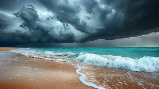 Dramatic tropical storm approaching a beach, dark clouds rolling in over the sea, the charged atmosphere before the rain