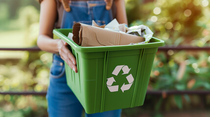 Eco-Friendly Waste Sorting.
A person contributing to environmental sustainability by sorting waste into a green recycling bin.