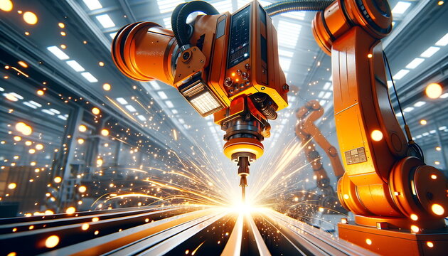 The industrial robot works automatically in a smart autonomous factory. Close-up of industrial machinery and robotic arms working on metal production.