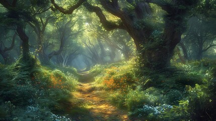 Enchanted woodland trail, ethereal light filtering through ancient trees, hints of magical creatures hidden in the foliage