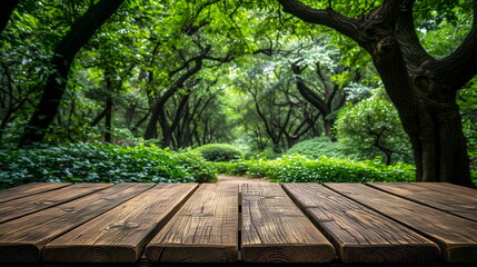 A wooden tabletop provides a perspective over a lush garden pathway, inviting the viewer into a serene and verdant outdoor space.