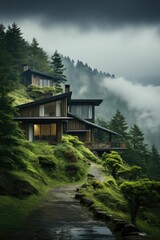 An AI illustration of a cabin surrounded by mountains with trees in the foreground