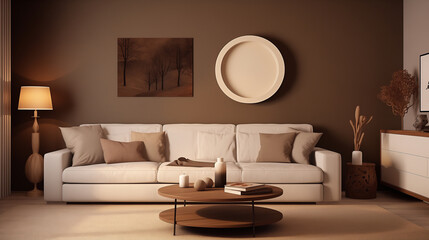 Fototapeta na wymiar Modern Minimalist Living Room with White Sofa and Circular Wall Decor