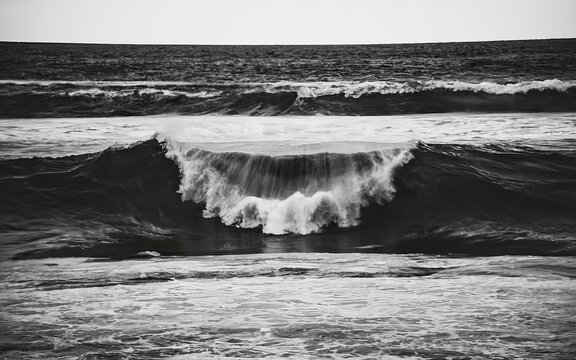 A close up of some waves in the middle of the ocean in black and white with copy space
