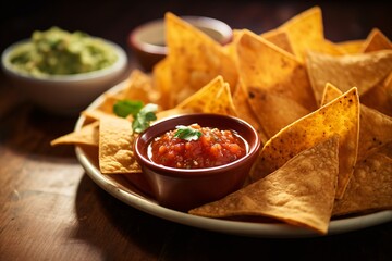 a plate of chips and salsa - obrazy, fototapety, plakaty