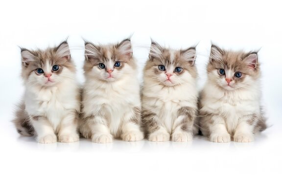 Four ragdoll kittens isolated on white background with copyspace