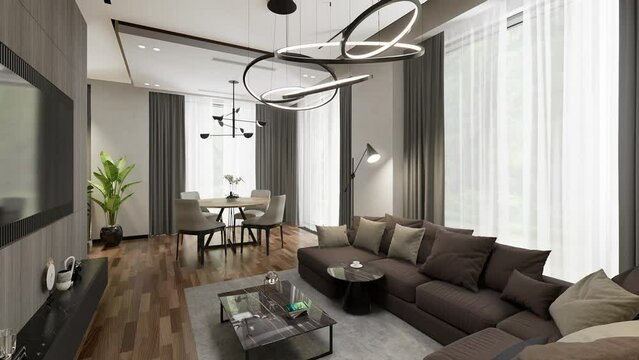 3D-render. A small apartment with a common space of living room, kitchen and dining room in a modern style.