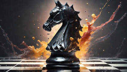 chess knight piece on the chessboard, action, dynamic - obrazy, fototapety, plakaty