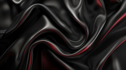 Fototapeta premium Rippled black satin fabric, Shiny luxury red swirl silky background