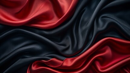 Rippled black satin fabric, Shiny luxury red swirl silky background - obrazy, fototapety, plakaty