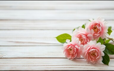 Pink flowers on white wooden background. Selective focus