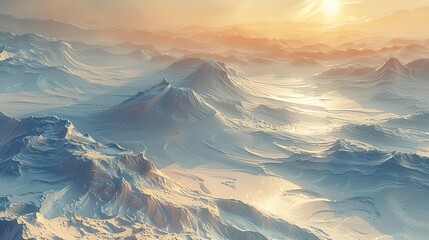 Frozen landscape of an ice cap, the sun casting long shadows over the undulating surface, a desert of snow and ice 