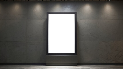 Blank stand advertising billboard lightbox in front of empty stone wall background. For showcasing advertisements, promotions, or any customizable messages