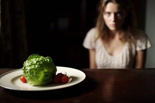 a woman looking at a plate of vegetables