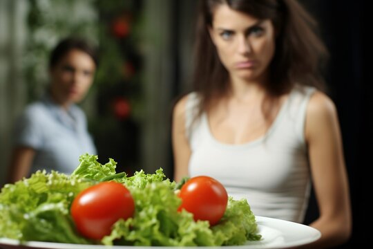 a woman looking at a plate of salad