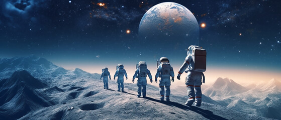 Astronaut in spacesuit standing on fantasy planet - obrazy, fototapety, plakaty