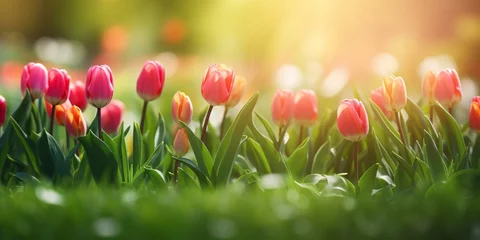Foto op Plexiglas a group of pink tulips in a field © Dogaru