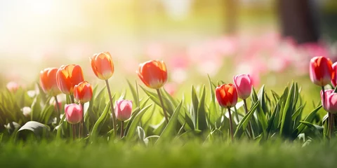 Muurstickers a group of tulips in grass © Dogaru