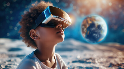 School child with virtual reality glasses studying astronomy against the background of the surface of Moon and the starry sky. The concept of using virtual reality in school studying