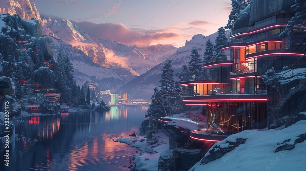 Wall mural futuristic city nestled in the alps, blending advanced architecture with natural beauty, dusk settin