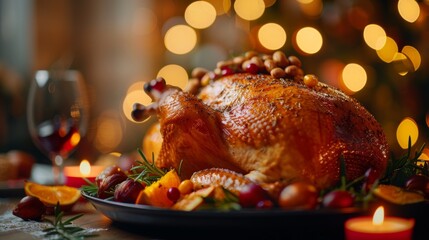 Thanksgiving Festive celebration roasted turkey on blurred bright home background