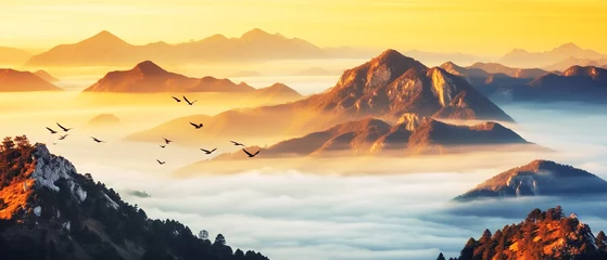 Foto op Plexiglas High mountain peaks covered in clouds and mist © Inlovehem