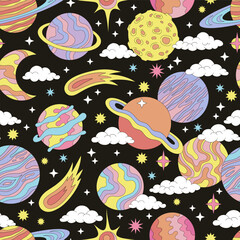 Groovy cosmos planets comets night sky galaxy vector seamless pattern. Retro 60s 70s 80s outer space universe celestial background.