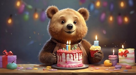 Cheerful cartoon bear celebrates his birthday with a cake. Drawn with paints