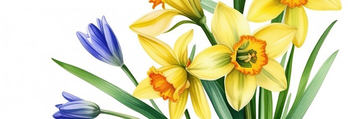 Fototapeta na wymiar Postcard international women's day, flowers, chocolates, daffodils and scilla (oriental camas), vector watercolor illustration on a white background. Watercolor