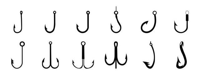 Set of fishing hooks vector illustration, set of hooks for fishing, hooks of different shapes for fish on a white background, Fish, Fishing, Hook vector icons eps10 - obrazy, fototapety, plakaty