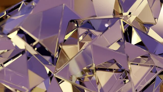 A modern background with a purple polygonal design. 3D abstraction of a geometric jewel&nbsp;surface. Background animation of golden reflective crystals.