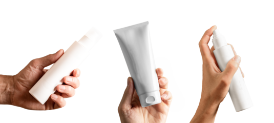 White blank cream tube, spray lotion bottle, cosmetic pack mockup in male hand set isolated on white