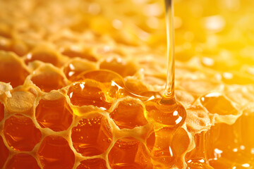 Fresh honey dripping or flowing onto the comb, very close view
 - obrazy, fototapety, plakaty
