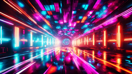 Fototapeta na wymiar Design a futuristic abstract background with a blend of geometric shapes, neon lights, and metallic textures, creating a dynamic and high-tech atmosphere