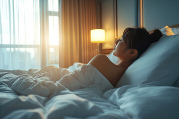A well-rested young woman waking up lying in bed in the morning in a room with a window. Healthy sleep theme
