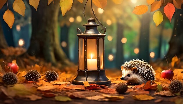 lantern stands in the autumn leaves and a hedgehog