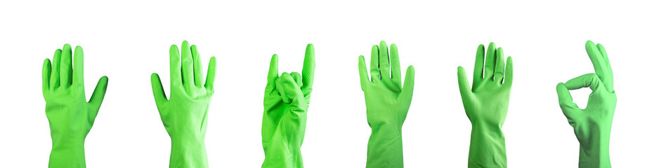 Thumb up, ok, hi, rock, palm gestures set, hand in green glove isolated on white background