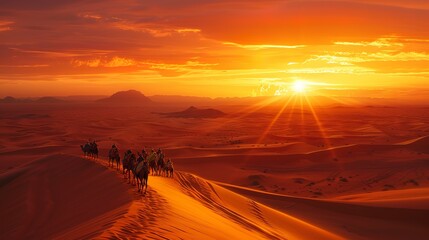 Golden hour over the Sahara, soft light casting long shadows on the sand dunes, a camel caravan in the distance