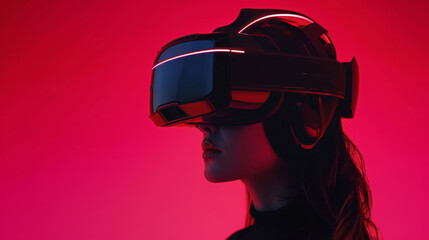 Young woman in VR headset on red background. Immersive experience of virtual reality on fashion editorial style. 