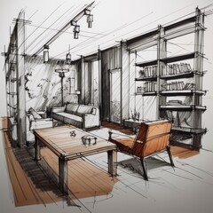 Hand-drawn sketch of architecturally styled living room