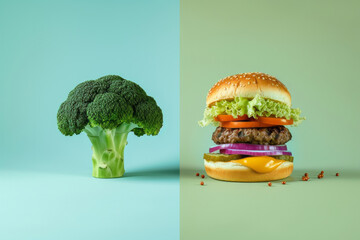 Split background with unhealthy burger and green broccoli on the other side with space for text or...