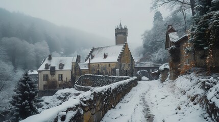 Historic castle surrounded by a snowy landscape, ancient walls covered in snow, a timeless winter wonderland 