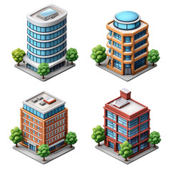 Office building isometric icons set isolated on transparent background