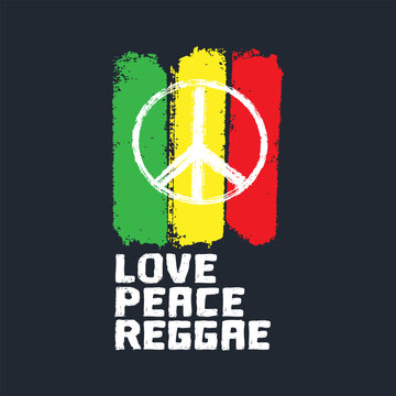 Love, Peace, Reggae text design concept for logo, t shirt, poster, banner, background and other. Hand drawn peace symbol with reggae flag background vector illustration.