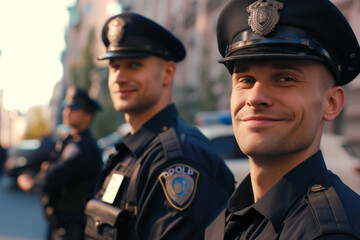 Close-up portrait of a smiling policeman in uniform on a city street
