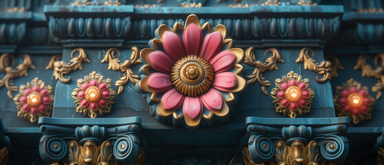 oriental architecture , with pink and gold, in the style of neon	