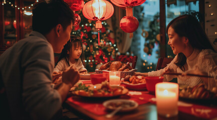 Cinematic Photographer, Editorial Photography, of a chinese new year family at table talking and laughing, in the style of Chinese New Year