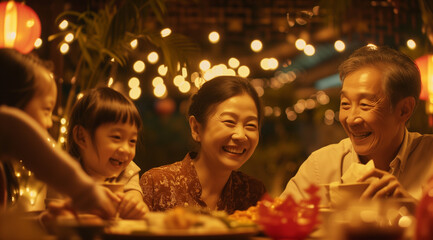 Naklejka premium Cinematic Photographer, Editorial Photography, of a chinese new year family at table talking and laughing, in the style of Chinese New Year