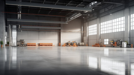 The concrete floor inside an industrial building sets the background for the industrial setting. - obrazy, fototapety, plakaty