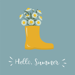 Daisy flowers in yellow rubber boot. Hello Summer concept. White flowers with leaves. Summer flowers. Floral composition. Vector illustration on blue background